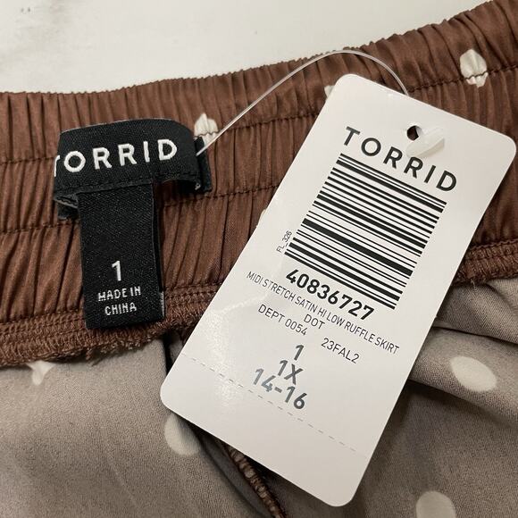 Torrid Stretch Satin Hi-Low Ruffle Skirt Size 1/1X/14-16 Brown Polka Dot NEW - Picture 7 of 10